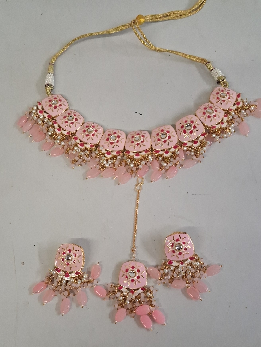 NWT Gold Kundan Polki & Pink Stone Choker Necklace Set